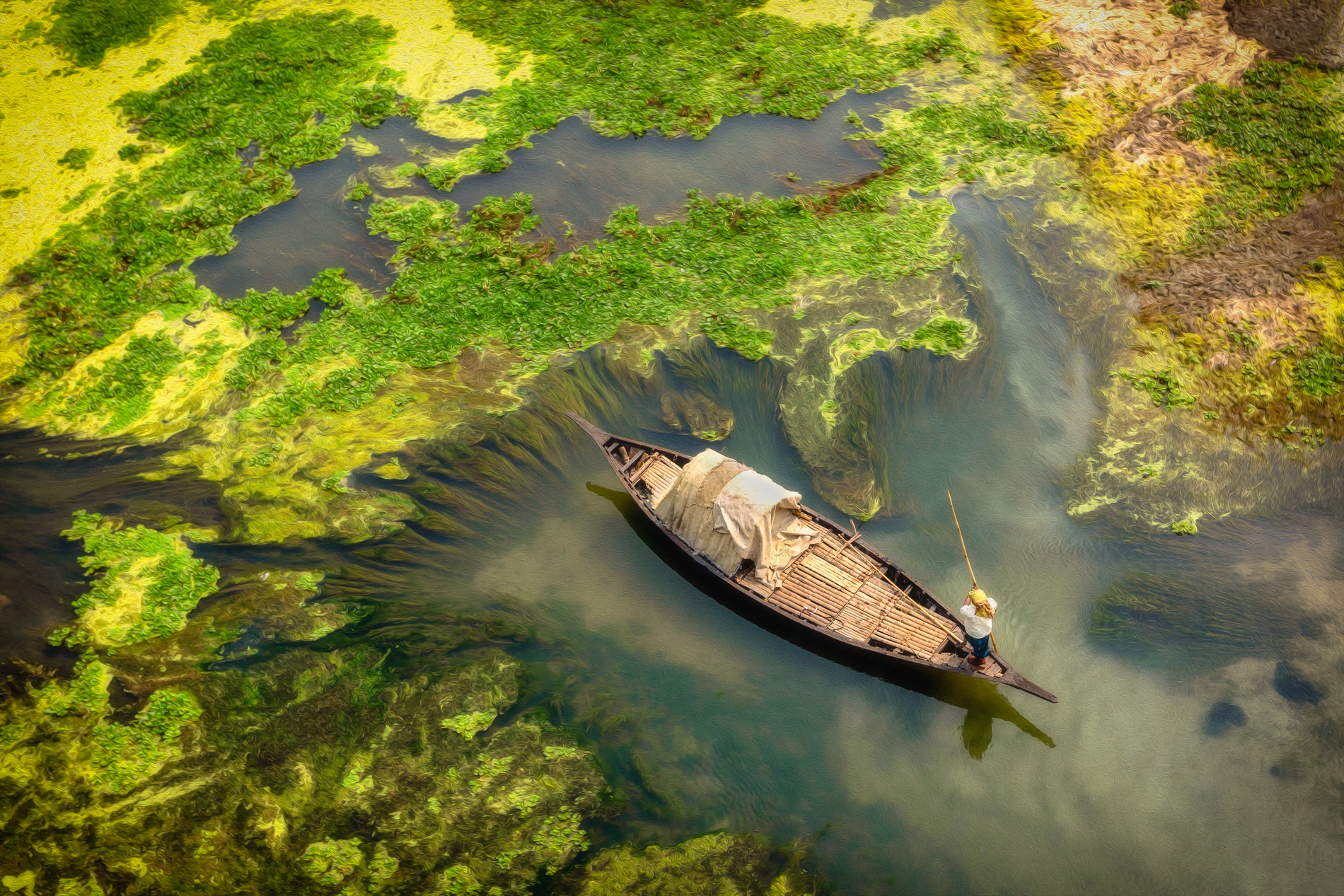 An algae bloom on the Jamuna River, which is used by local people for fishing, Bangladesh 2020