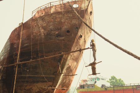 Man made scaffolding and pulley system. Man-made scaffolding and pulley system at Dhaka, Bangladesh Shipyard.