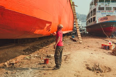 Final paint touches to keep the vessel looking fresh Final paint touches to ship at Dhaka, Bangladesh Shipyard.