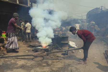 Workers face every occupational health and safety hazard. Welding and moulding techniques utilising heat and tools at Dhaka, Bangladesh Shipyard.